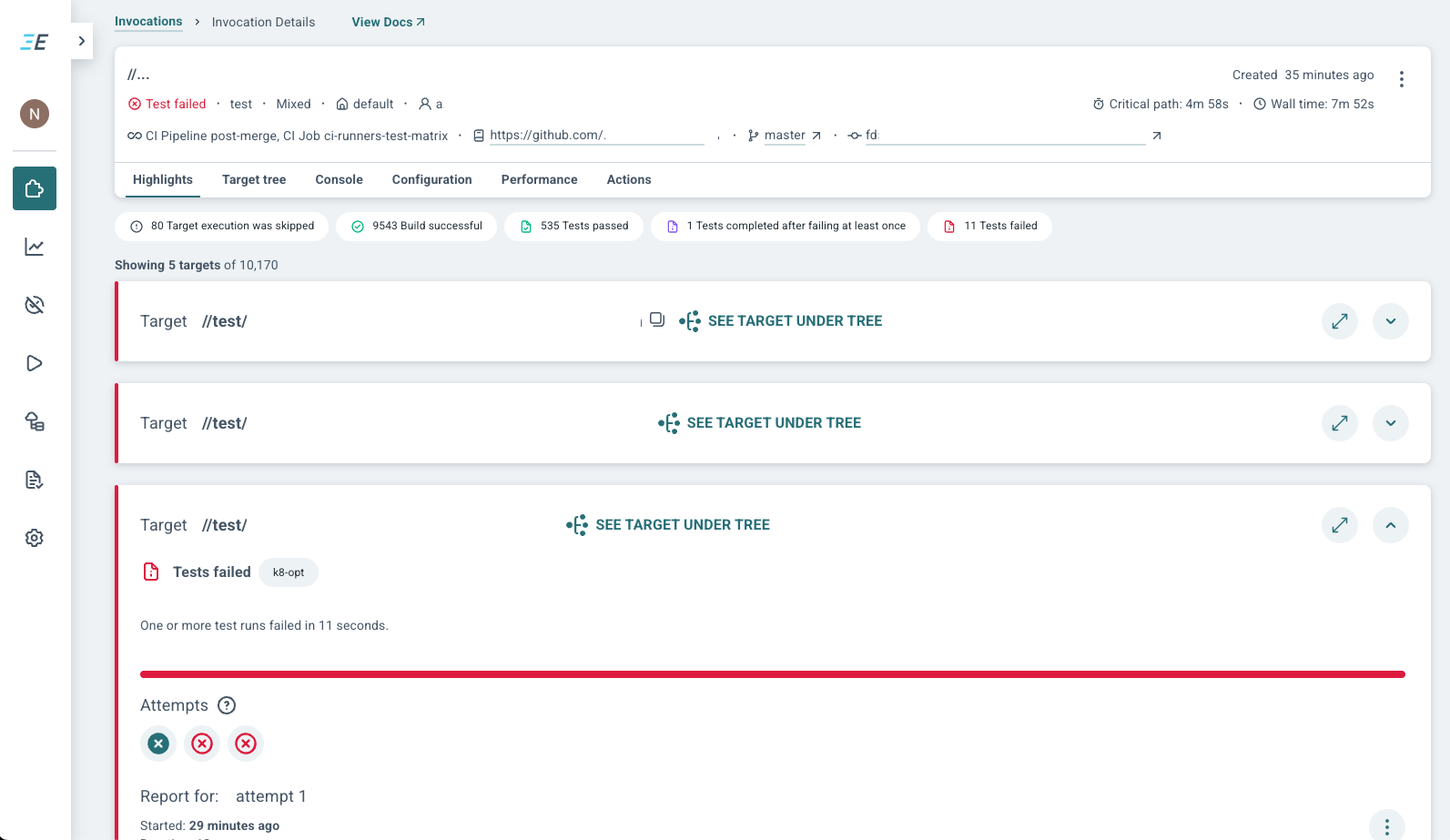 One-click access to failure logs