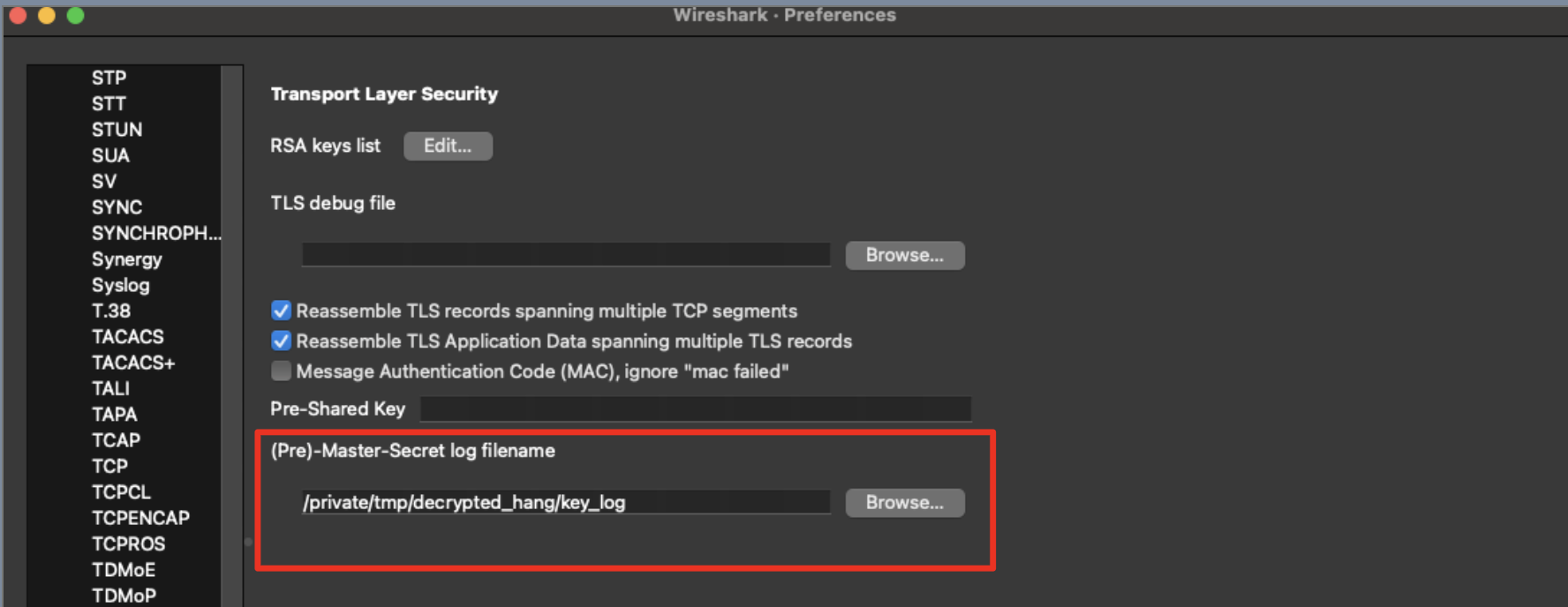 Wireshark TLS decryption setup